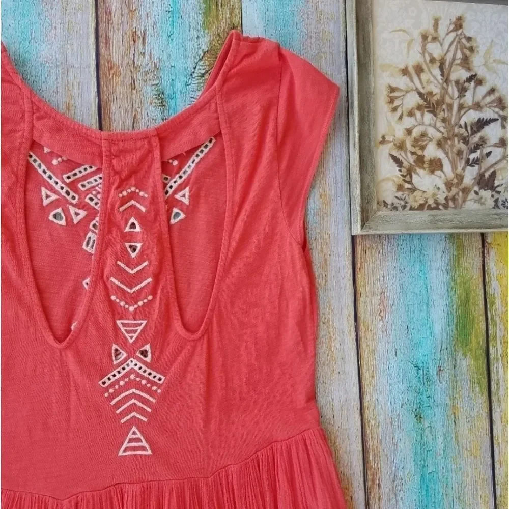Free People Toosaloosa Meadow Orange Embroidered Open Back Boho Midi Dress Small